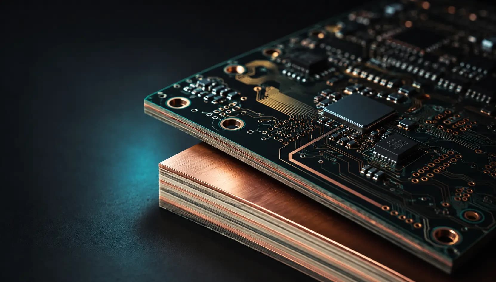 Macro view of a precision high-frequency circuit board and its layered laminate
